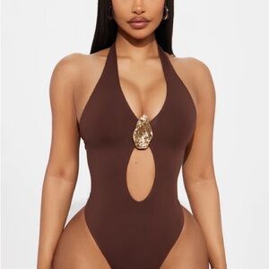 Brown Halter One-Piece Swimsuit with Gold Accent